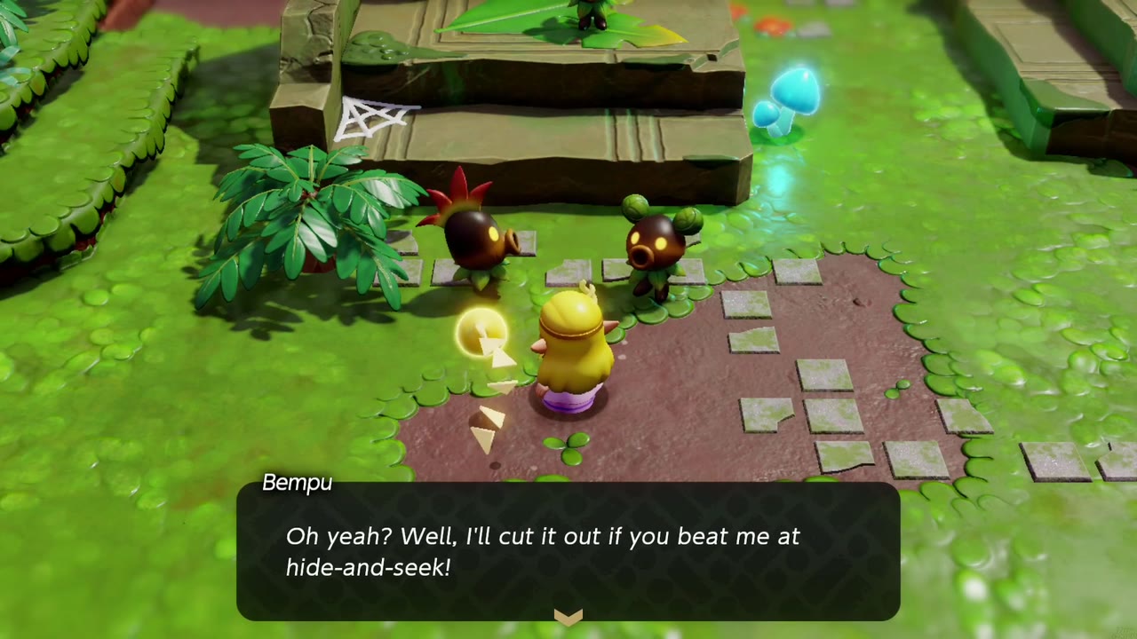 In Scrubton, Bempu challenges Zelda to hide-and-seek to settle his quarrel with Buzzu. In Scrubton, Bempu challenges Zelda to hide-and-seek to settle his quarrel with Buzzu.