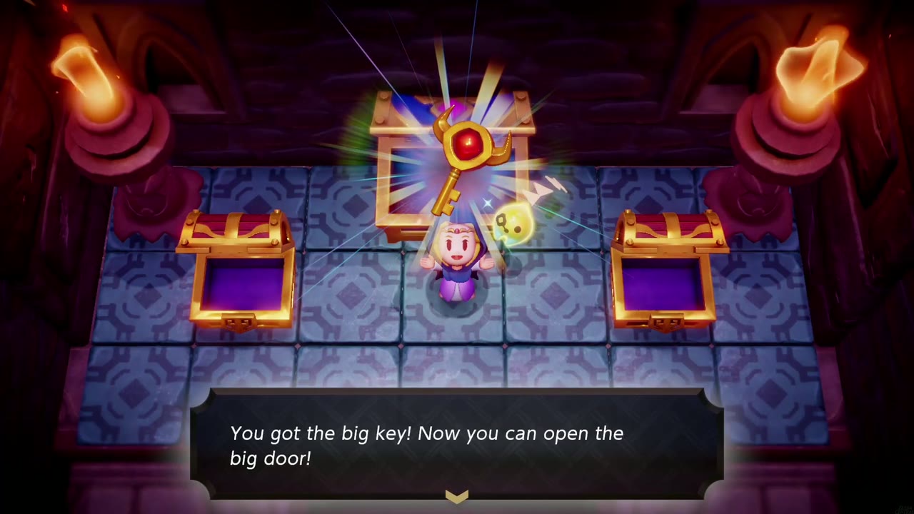 Hyrule Castle: Still Missing - The Legend of Zelda: Echoes of Wisdom Walkthrough 113 Zelda holds up the Big Key from the center chest: "Now you can open the big door!"