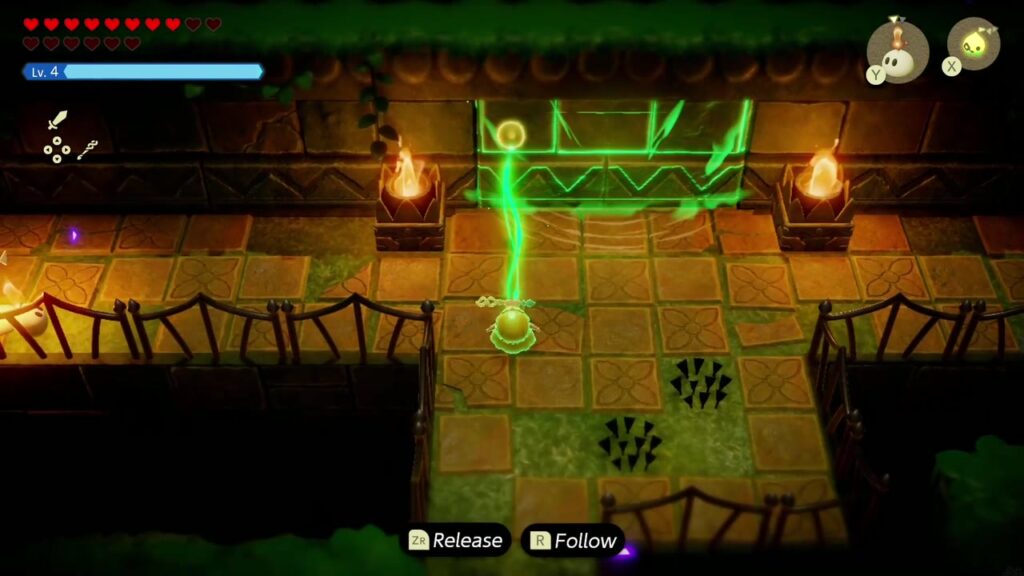 Faron Temple Dungeon - The Legend of Zelda: Echoes of Wisdom Walkthrough 8 Zelda uses Tri's Bind on the green block plugging a doorway between two torches to pull it clear.