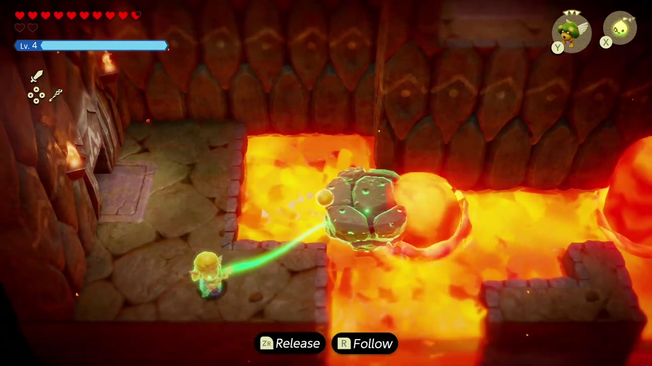 Eldin Temple Dungeon - The Legend of Zelda: Echoes of Wisdom Walkthrough 9 Zelda uses Bind to drag a boulder across the lava in the Eldin Temple geyser room.
