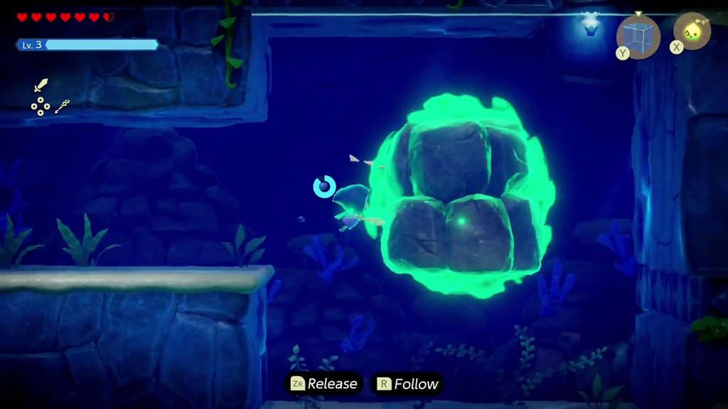 A boulder blocks the way out, so Zelda Binds it and pulls it aside mid-chase.