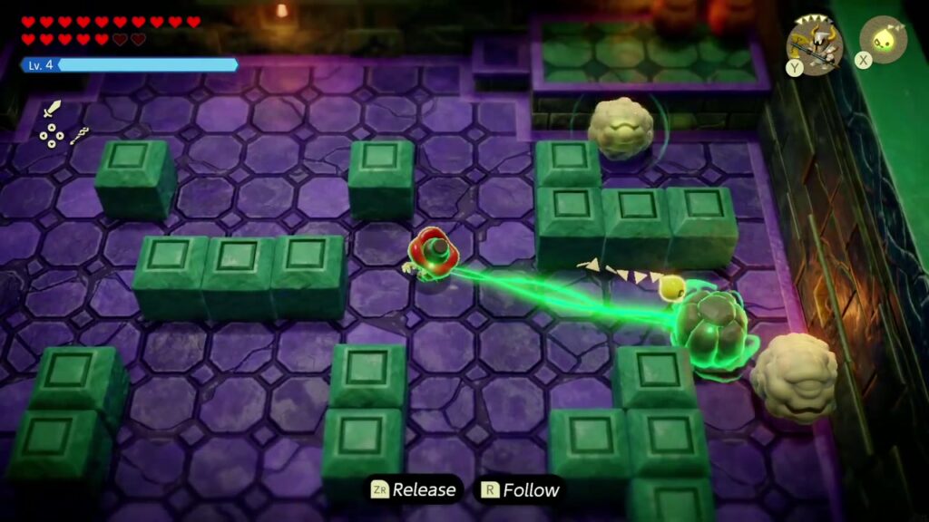 In Smogs Blocklabyrinth verwendet Zelda die Fähigkeit „Bind“ auf einem Felsbrocken, während sie nach Smogs versteckten Teilen sucht.