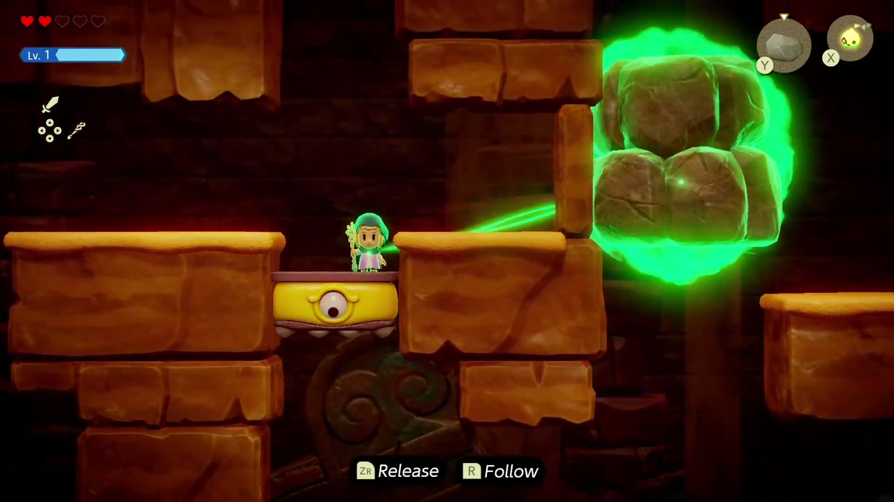 A Rift in the Gerudo Desert - The Legend of Zelda: Echoes of Wisdom Walkthrough 121 Zelda rides a platform and Binds the stacked boulders blocking the passage to pull them out of the way.
