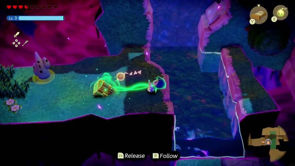 Hyrule Castle: Still Missing - The Legend of Zelda: Echoes of Wisdom Walkthrough 24 North of the fountain, Zelda uses Bind to drag a chest across the water channel to her island.