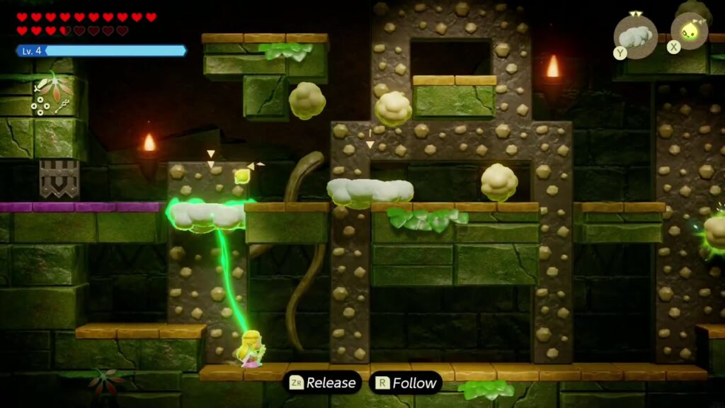 Im seitlichen Ansichtsraum der Verborgenen Ruinen wendet Zelda die Fähigkeit „Binden“ auf eines von Smogs Wolkenfragmenten an.