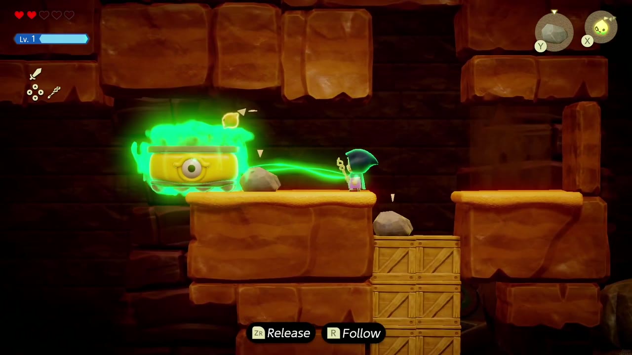 A Rift in the Gerudo Desert - The Legend of Zelda: Echoes of Wisdom Walkthrough 120 In the side-view passage under the hatch, Zelda uses Bind to drag a one-eyed moving platform into place.