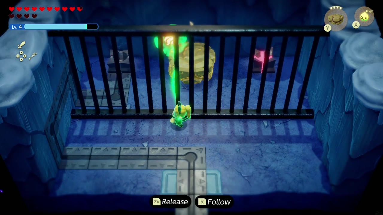 Lanayru Temple Dungeon - The Legend of Zelda: Echoes of Wisdom Walkthrough 15 Zelda Binds the fire orb through the bars and drags it toward the pedestal on the floor track.