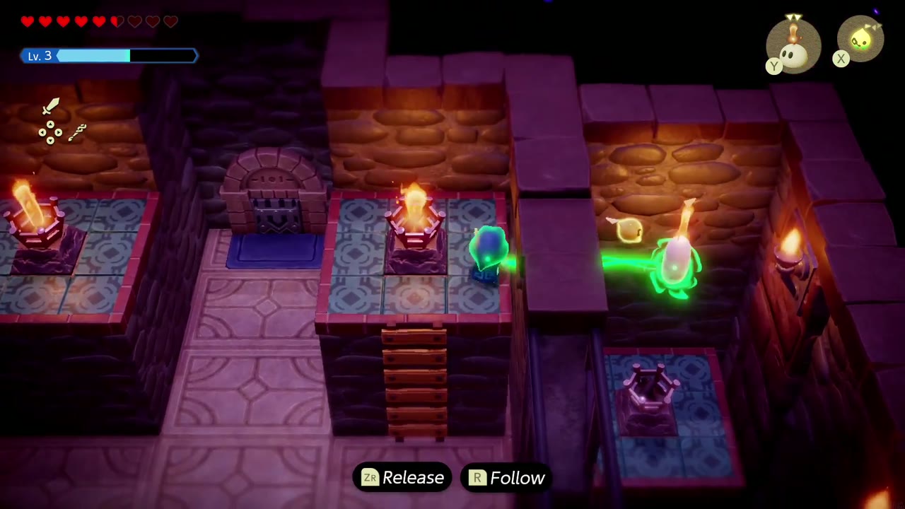 Hyrule Castle: Still Missing - The Legend of Zelda: Echoes of Wisdom Walkthrough 72 From the right platform Zelda steers a Bound Ignizol down into the fenced pit holding the fourth torch.