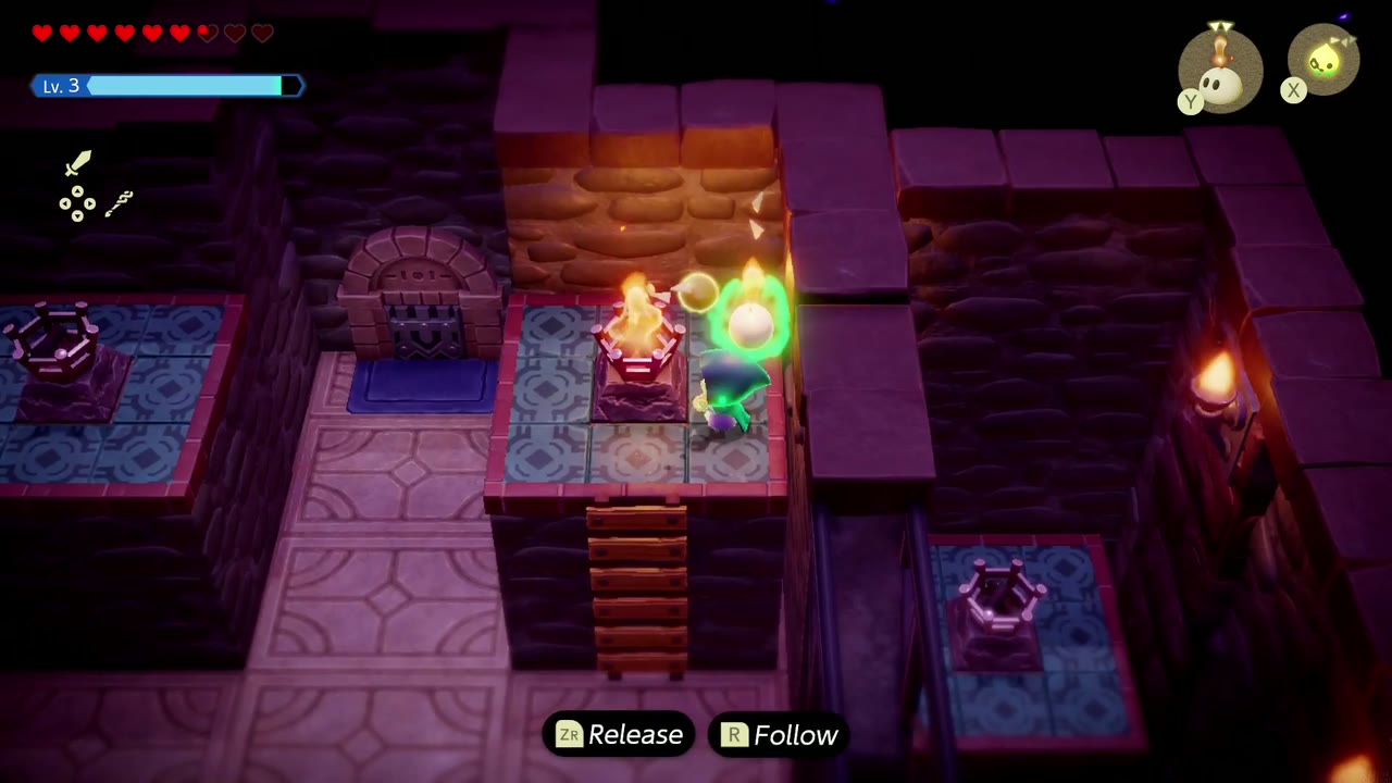 Hyrule Castle: Still Missing - The Legend of Zelda: Echoes of Wisdom Walkthrough 67 On the right-hand platform Zelda Binds an Ignizol echo into the unlit torch to light it.
