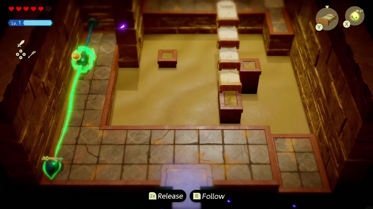 Gerudo Sanctum Dungeon - The Legend of Zelda: Echoes of Wisdom Walkthrough 83 Zelda Binds the pole on the room's left side, ready to pull it and drag the blue cubes off the doorway.
