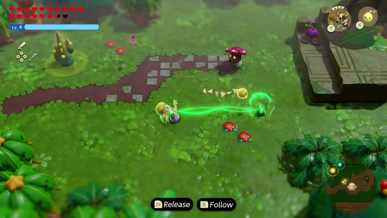 Zelda uses Bind to pull Bempu out of the grass beside the stone path. Zelda uses Bind to pull Bempu out of the grass beside the stone path.