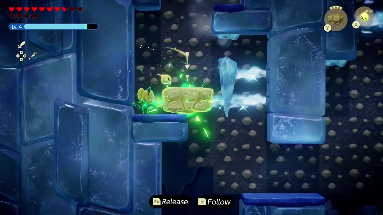 Lanayru Temple Dungeon - The Legend of Zelda: Echoes of Wisdom Walkthrough 23 In the side-on shaft, Zelda Binds a stone slab into the icy blast to block it.