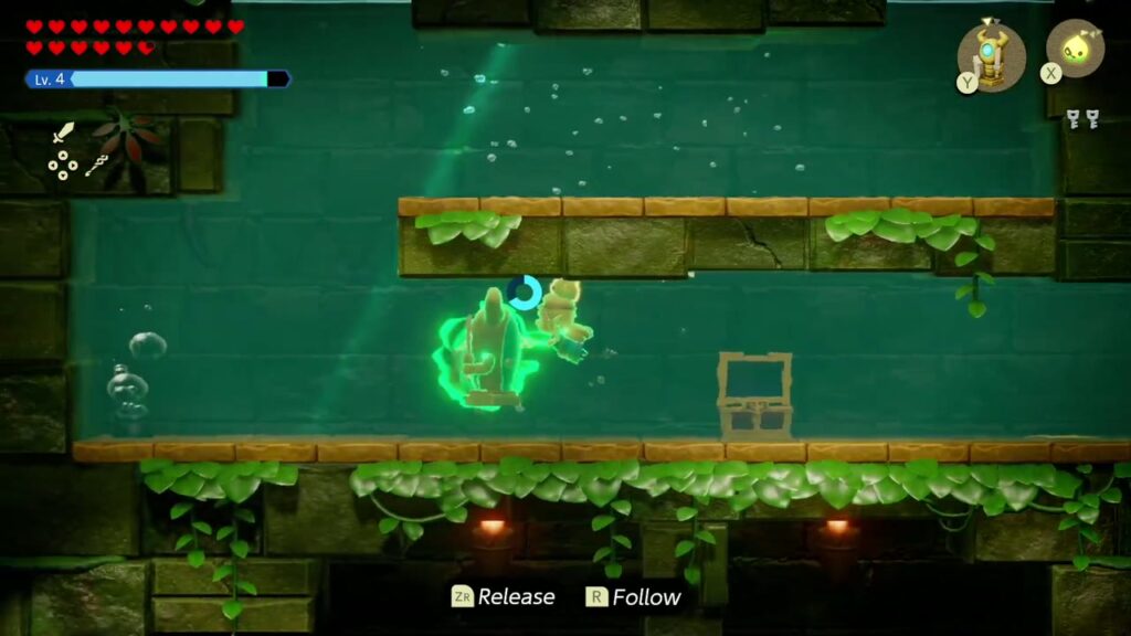 Faron Temple Dungeon - The Legend of Zelda: Echoes of Wisdom Walkthrough 32 Zelda swims while Binding a stone statue through the flooded side-view room in Faron Temple.