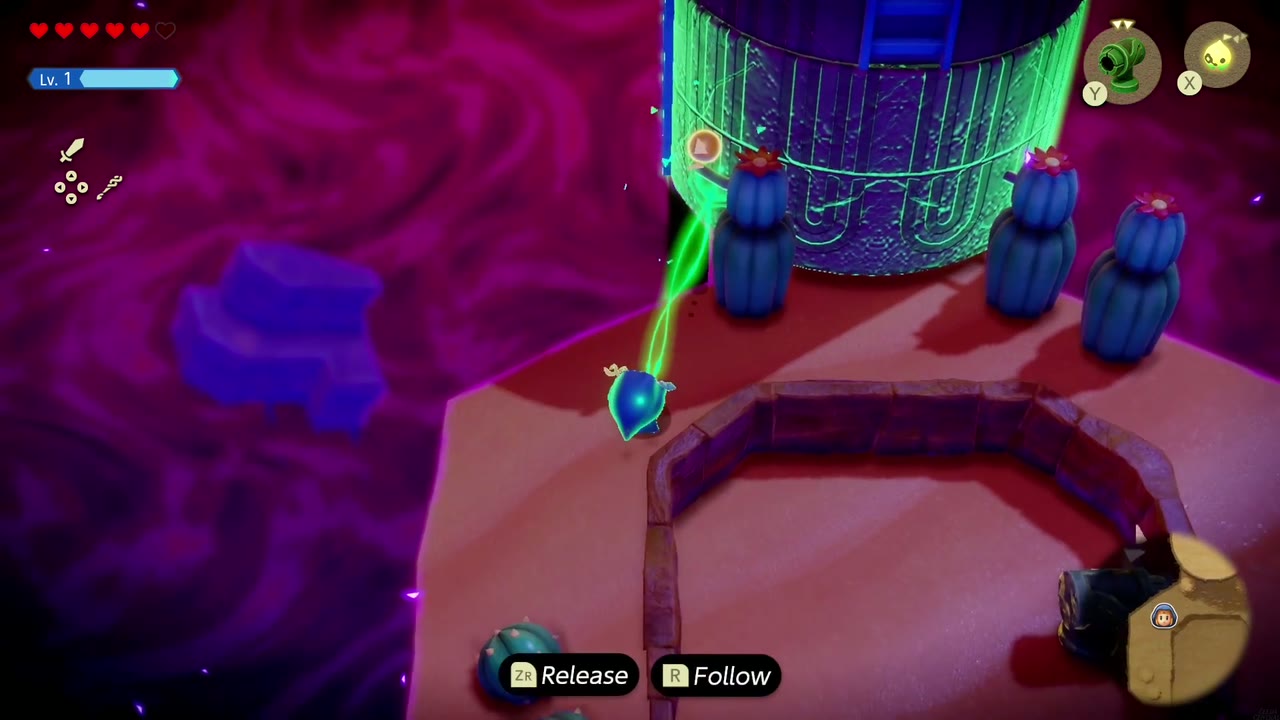 Gerudo Sanctum Dungeon - The Legend of Zelda: Echoes of Wisdom Walkthrough 119 Zelda Binds the tall blue tower and pulls to rotate its base in the Stilled Gerudo Sanctum.