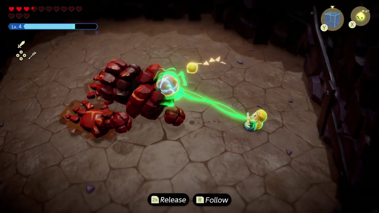 A Mountainous Mystery - The Legend of Zelda: Echoes of Wisdom Walkthrough 33 Zelda uses Bind to pull the flame giant's core away from its fallen rock pieces.