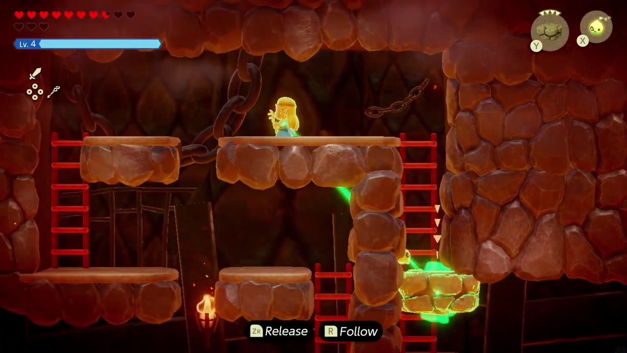A Mountainous Mystery - The Legend of Zelda: Echoes of Wisdom Walkthrough 23 Zelda uses Bind to pull a floating stone block across the lava toward her ledge.