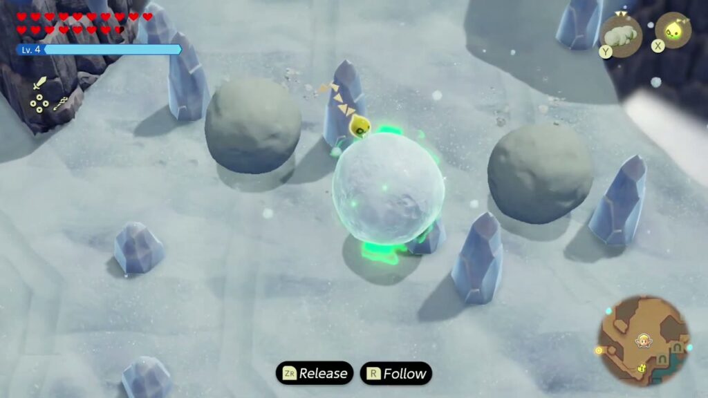 Zelda nutzt die Fähigkeit „Bind“, um für Condés Schneeballmagie-Quest einen glitzernden Riesenschneeball zwischen den Eiskristallen zu transportieren.