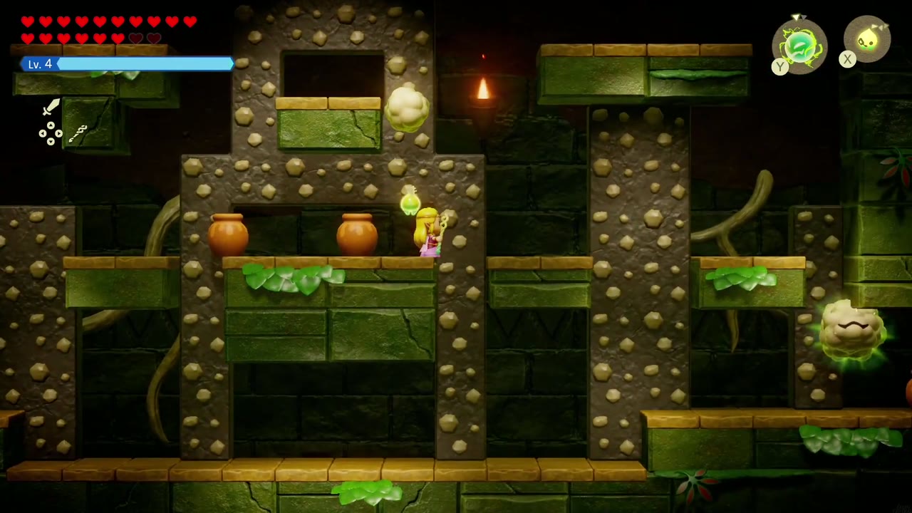 Zelda swings a Bound pot toward Smog's small cloud puffs drifting around the stone pillars. Zelda swings a Bound pot toward Smog's small cloud puffs drifting around the stone pillars.