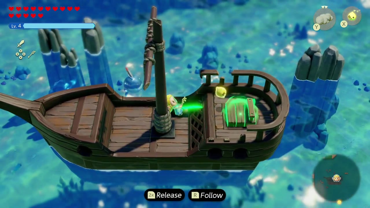 Zelda binds the hatch on the Zappy Shipwreck's deck to get inside the wreck. Zelda binds the hatch on the Zappy Shipwreck's deck to get inside the wreck.