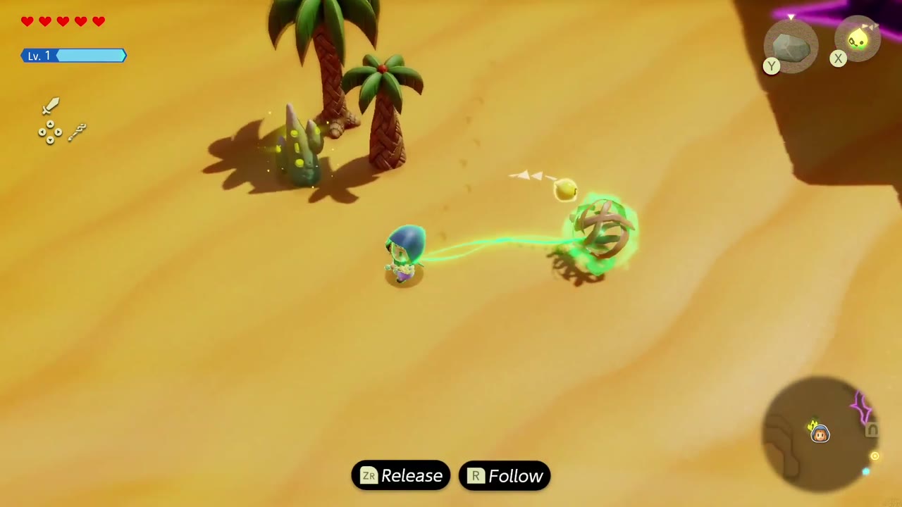 Elusive Tumbleweeds - The Legend of Zelda: Echoes of Wisdom Walkthrough 6 Zelda holds a tumbleweed with Bind out on the desert sand near palm trees.