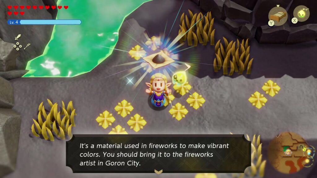 The Rift on Eldin Volcano - The Legend of Zelda: Echoes of Wisdom Walkthrough 93 Zelda holds up the blastpowder soil found among the golden flowers on Eldin Volcano.