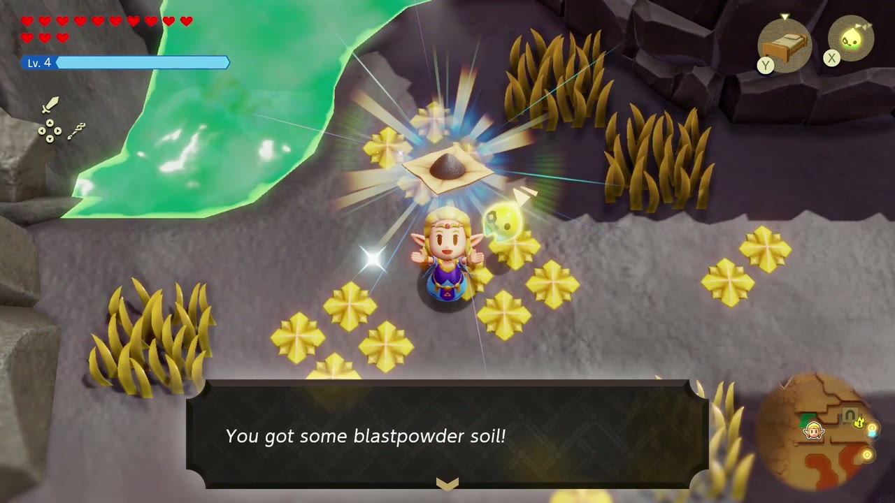 The Fireworks Artist - The Legend of Zelda: Echoes of Wisdom Walkthrough 17 You got some blastpowder soil! Zelda holds the soil overhead among the golden flowers.