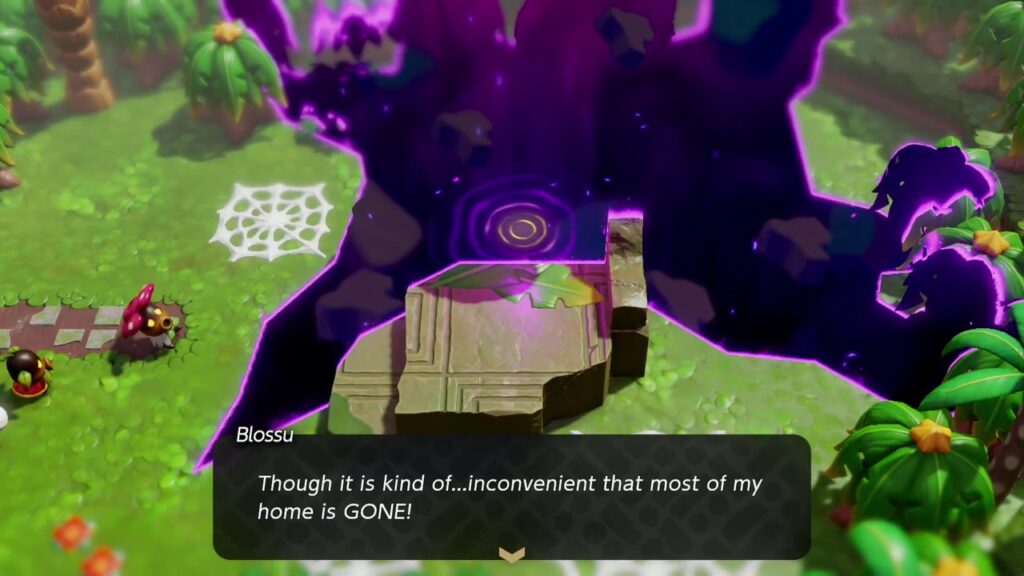 A Rift in the Faron Wetlands - The Legend of Zelda: Echoes of Wisdom Walkthrough 22 Blossu complains most of their home is gone, beside the stone platform at the centre of the rift.