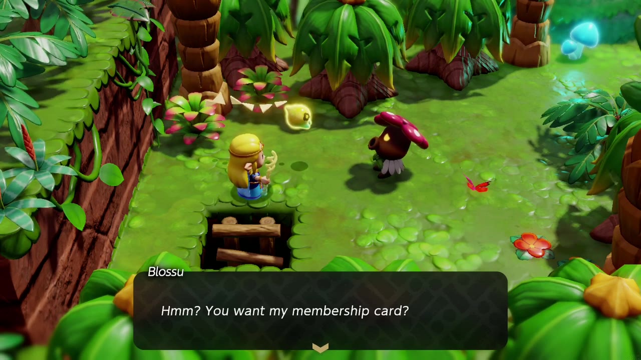 Blossu, the mushroom-capped Scrub, by a hole in the ground: "Hmm? You want my membership card?" Blossu, the mushroom-capped Scrub, by a hole in the ground: "Hmm? You want my membership card?"