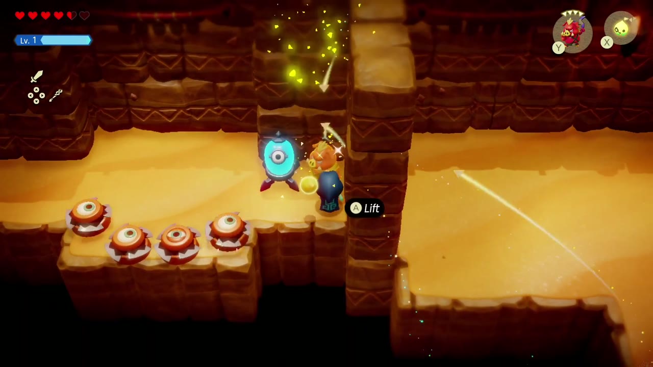 A Rift in the Gerudo Desert - The Legend of Zelda: Echoes of Wisdom Walkthrough 99 A Boomerang Boarblin echo strikes the eye switch beside the Pathblades, making the key chest appear.