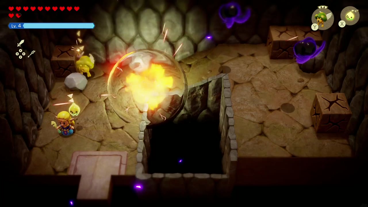 Eldin Temple Dungeon - The Legend of Zelda: Echoes of Wisdom Walkthrough 7 A bomb explodes against the cracked rocks in the Eldin Temple pit room north of the hub.