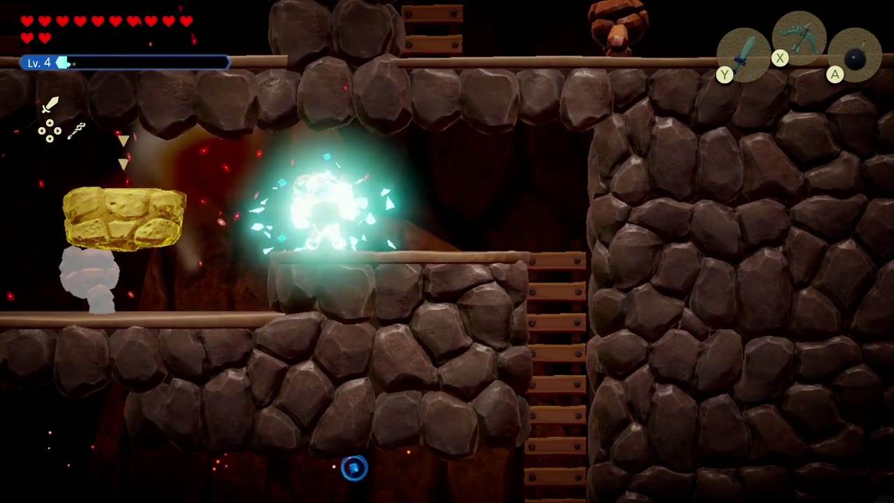 Eldin Temple Dungeon - The Legend of Zelda: Echoes of Wisdom Walkthrough 31 A Swordfighter bomb blows up beside a block on a ledge in the Eldin Temple side-scrolling cavern.