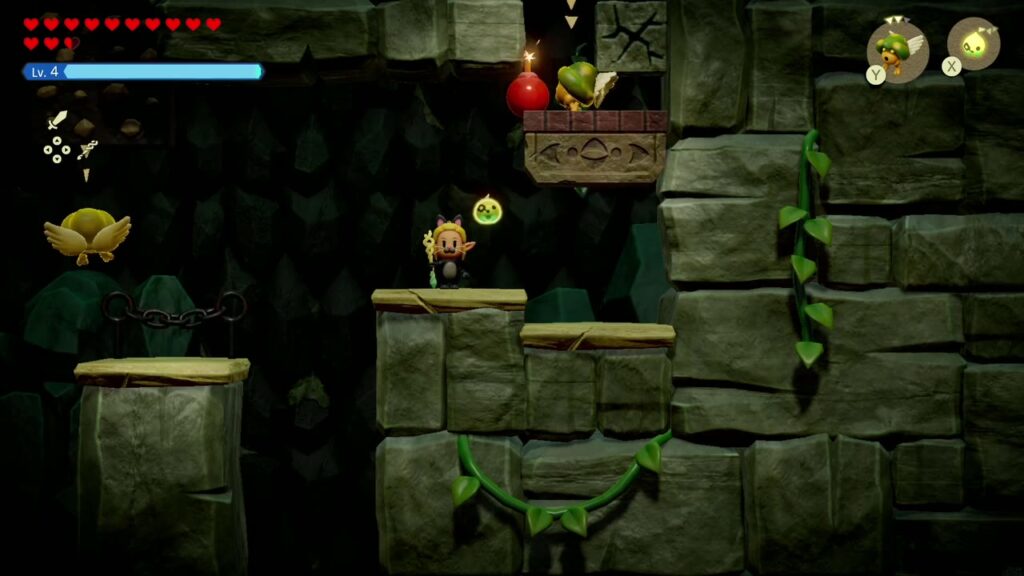 Hebra Mountain: A Rift on Holy Mount Lanayru - The Legend of Zelda: Echoes of Wisdom Walkthrough 11 A bomb rides the pink-gem lift up toward the cracked blocks overhead in Hebra Mountain Passage.