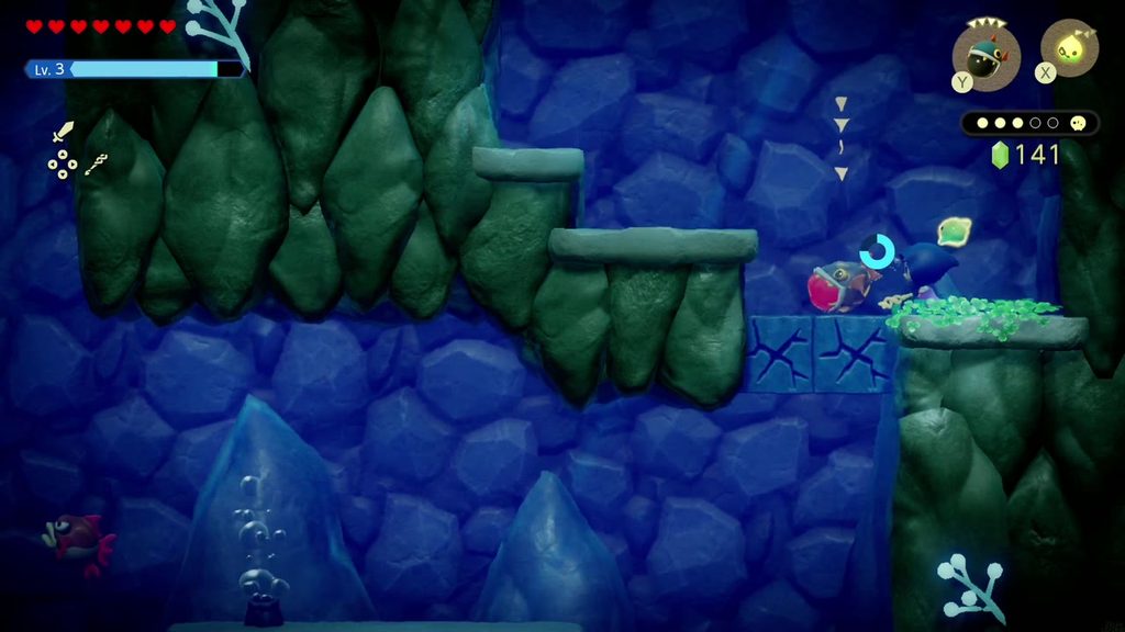 The Jabul Waters Rift - The Legend of Zelda: Echoes of Wisdom Walkthrough 39 A summoned Bombfish swims up to the cracked blocks in the side-view underwater passage, ready to blast them open.