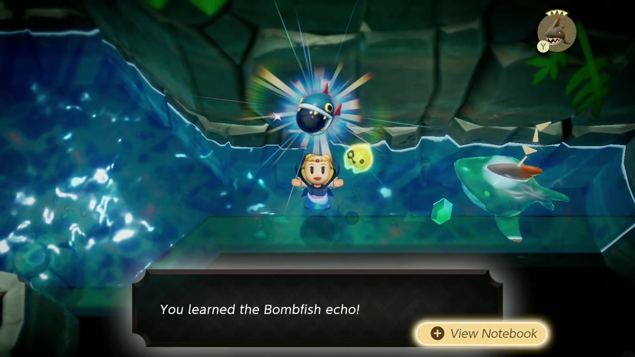 Zelda aprende o eco do Peixe-Bomba enquanto nada no canal da caverna do Peixe-Bomba em Jabul Waters. Zelda aprende o eco do Peixe-Bomba enquanto nada no canal da caverna do Peixe-Bomba em Jabul Waters.