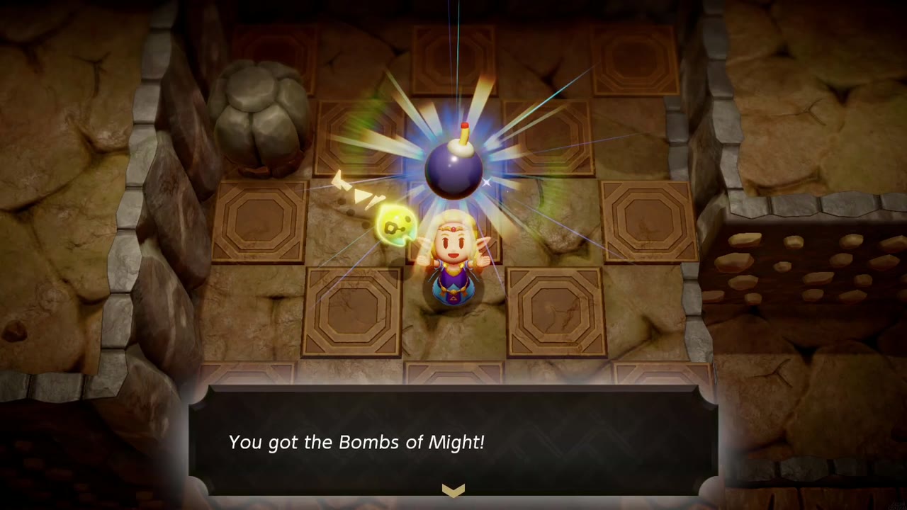 Eldin Temple Dungeon - The Legend of Zelda: Echoes of Wisdom Walkthrough 28 Zelda holds up the Bombs of Might with the "You got the Bombs of Might!" text box in Eldin Temple.