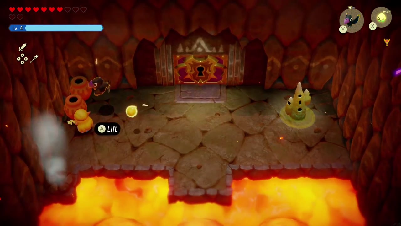 Eldin Temple Dungeon - The Legend of Zelda: Echoes of Wisdom Walkthrough 48 The Eldin Temple boss door room, with the Waypoint statue on the right and pots on the left.