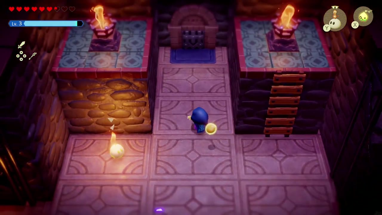 Hyrule Castle: Still Missing - The Legend of Zelda: Echoes of Wisdom Walkthrough 69 Both raised-platform torches burn in the four-torch room while Zelda heads back to the floor.