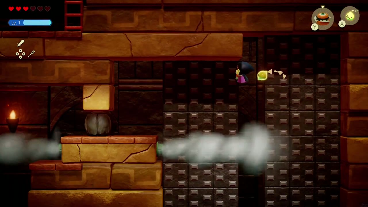 Gerudo Sanctum Dungeon - The Legend of Zelda: Echoes of Wisdom Walkthrough 7 A boulder rests on a ledge above a steam jet as Zelda climbs higher in the side-view room.