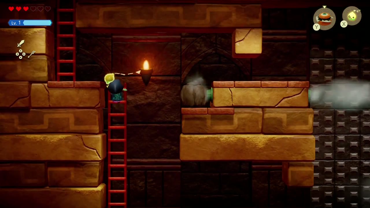Gerudo Sanctum Dungeon - The Legend of Zelda: Echoes of Wisdom Walkthrough 9 The fallen boulder plugs the left steam pipe, so Zelda can climb the ladder through the cleared spot.