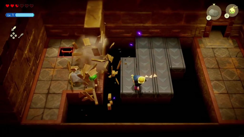 Gerudo Sanctum Dungeon - The Legend of Zelda: Echoes of Wisdom Walkthrough 41 The thrown boulder smashes the wooden crates on the far platform, clearing the way to the ladder hatch.