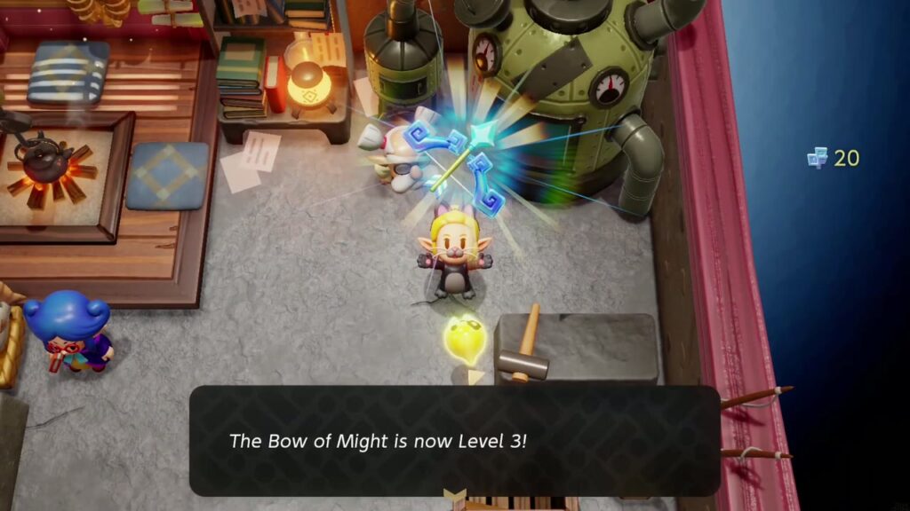 Zelda raises the bow at Lueburry's: "The Bow of Might is now Level 3!"