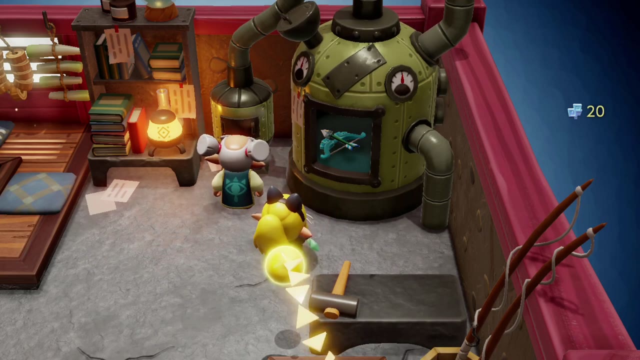 The Bow of Might glows inside Lueburry's upgrade machine as Lueburry watches The Bow of Might glows inside Lueburry's upgrade machine as Lueburry watches