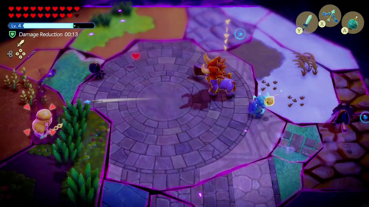 The Eternal Forest - The Legend of Zelda: Echoes of Wisdom Walkthrough 83 Swordfighter Zelda fires a Bow of Might arrow across the arena at the impostor Zelda on the left edge.