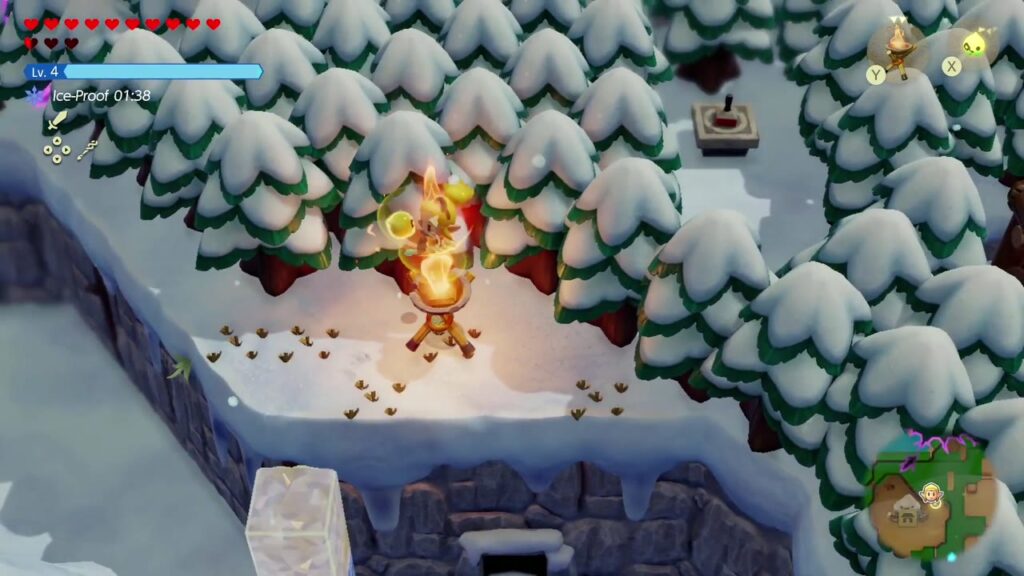 Hebra Mountain: A Rift on Holy Mount Lanayru - The Legend of Zelda: Echoes of Wisdom Walkthrough 118 A Brazier echo burns where the ice crystal stood on the ledge near Condé's House on Hebra Mountain.