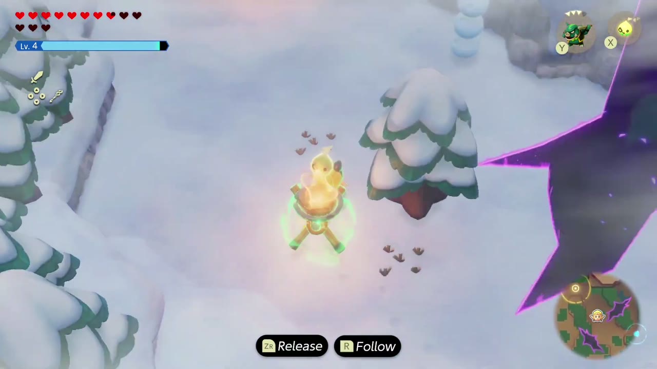 Zelda leads a lit Brazier echo across the Hebra Mountain snowfield beside the dark rift to keep warm. Zelda leads a lit Brazier echo across the Hebra Mountain snowfield beside the dark rift to keep warm.
