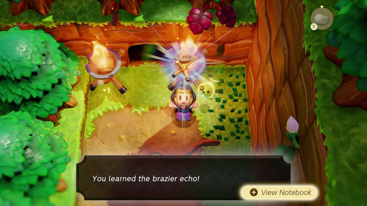 Zelda aprende o eco da Braseira na entrada de uma caverna ladeada por duas braseiras na Floresta de Suthorn. Zelda aprende o eco da Braseira na entrada de uma caverna ladeada por duas braseiras na Floresta de Suthorn.