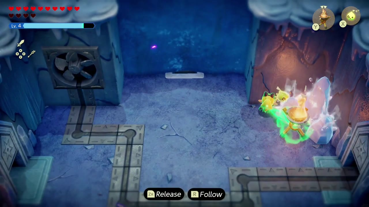 Lanayru Temple Dungeon - The Legend of Zelda: Echoes of Wisdom Walkthrough 4 Zelda Binds a lit brazier against the ice crystals by the right-hand door of the fan room to melt them.