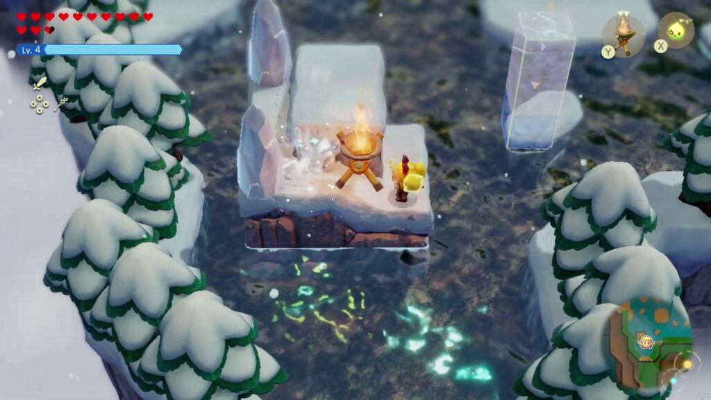 Hebra Mountain: A Rift on Holy Mount Lanayru - The Legend of Zelda: Echoes of Wisdom Walkthrough 53 A Brazier echo melts the ice crystals on a snowy islet in the frozen lake to open the way north.