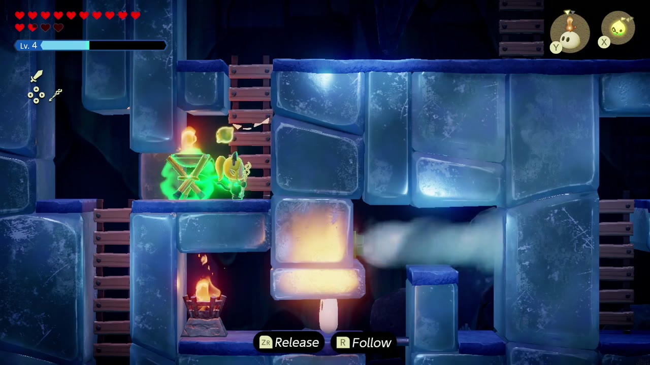 Lanayru Temple Dungeon - The Legend of Zelda: Echoes of Wisdom Walkthrough 49 Zelda carries a Brazier echo up a ladder to light the upper torches near the top of the shaft.