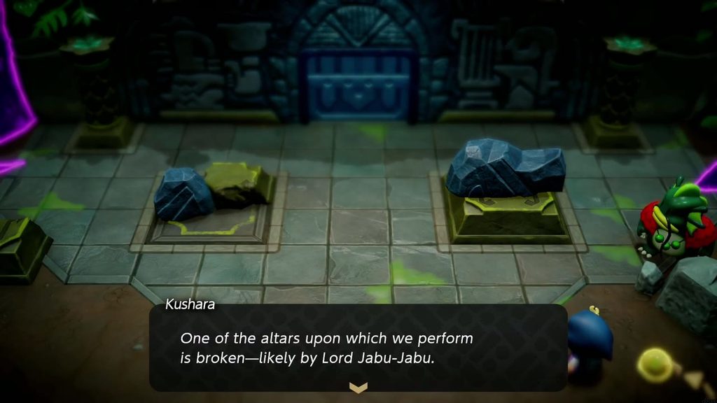 The Jabul Waters Rift - The Legend of Zelda: Echoes of Wisdom Walkthrough 51 In Lord Jabu-Jabu's Den, both performance altars are covered in blue rubble and the left one is broken.